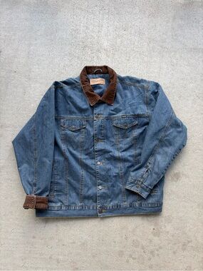 Wrangler Blanket Lined Denim Jacket Corduroy Collar Red Plaid Mens XL 28x29